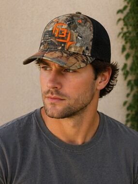 13 Fishing Camo Trucker Hat Orange Logo Mesh Back Snapback Cap